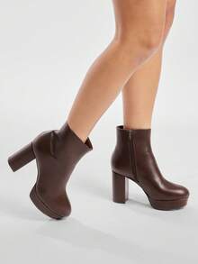 Solezae Botas Femininas Casuais De Salto Bloco Com Plataforma E Zíper - Castanho - Ver 3