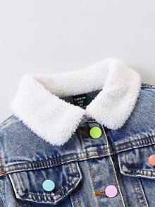 SHEIN 1 Set Girls Denim Outfit,New Autumn/Winter Collection,Light Blue Denim,Casual Style,Multi-Color Buttons,Furry Collar&Cuffs,Fitted,Back-To-School New - Light Wash - View 4