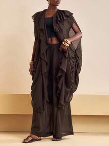 Zivah 2025秋季新品，适合生日派对、聚会、宴会、返校季、学院风、学生装、日常外出、基础百搭、休闲、邮轮旅行、时尚、街头服饰、优雅、通勤、商务休闲，宽松无袖侧开叉不对称下摆斗篷上衣搭配带口袋的阔腿裤，红棕色竖条纹纹理面料，女士两件套，秋季 - 鏽棕色 - 查看 3