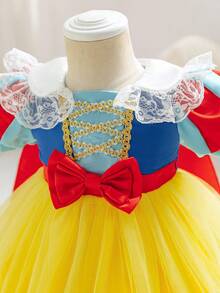 Glamorique Kids 女婴圣诞披肩连衣裙，公主薄纱泡泡袖连衣裙，黄色网眼花卉蕾丝边蝴蝶结礼服，秋冬新品 - 黃色 - 查看 7