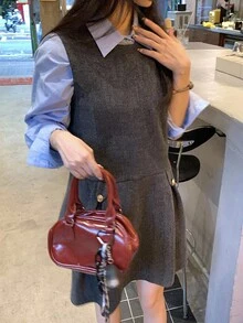 DAZY 女士纯色韩版休闲中长款羊毛连衣裙 - 灰色 - 查看 7