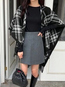 DAZY 女士格子韩版休闲披肩，宽松羊毛秋冬女式外套 - 黑與白 - 查看 3