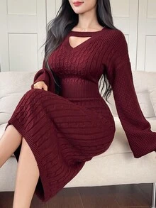 DAZY 女士纯色毛衣裙，秋季红色女装 - 酒紅色 - 查看 1