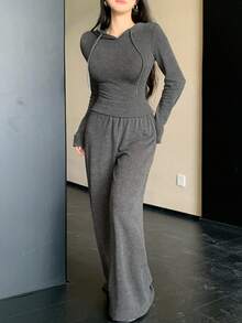 DAZY 女士两件套连帽上衣和宽松长裤套装，运动服套装，家居服套装 - 灰色 - 查看 4