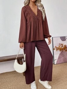 EMERY ROSE 2 piezas Conjunto de top de manga larga con cuello en V profundo y volantes y pantalones rectos de tela texturizada marrón, adecuado para viajes, ir al trabajo, estilo occidental, otoño/invierno de mujeres - Marrón - Ver 4