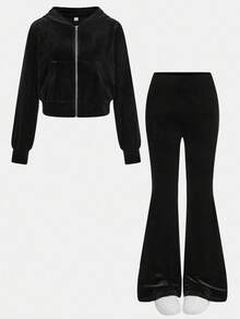 SHEIN Glowzi Teen Girl Velvet Rhinestone Zip-Up Hoodie Top And Slim Flare Pants Casual Elegant 2 Pieces Set, Suitable For Halloween, Loungewear, And Everyday Wear Fall Winter Outfits 2 Piece Set Girls Two Piece Set Black