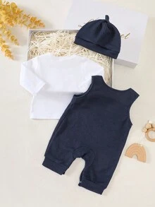 SHEIN Newborn Male Baby White Long Sleeved Shirt Paired With Navy Blue Sleeveless Rainbow Embroidered Jumpsuit And Hat, Autumn New Fabric Comfortable And Innovative Style Fall Winter - Multicolor - View 3