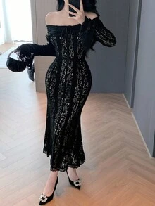 DAZY Elegante abito midi da donna con spalle scoperte, maniche a campana e fondo a sirena, adatto per feste in autunno - nero - Visualizzare 9