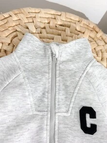 SHEIN 婴儿男女童灰色针织柔软翻领长袖C字连体衣，带拉链，居家户外皆宜，适合秋冬季节。婴儿拉链连体衣，新生儿服装，男女通用婴儿服装，中性婴儿休闲连体衣，感恩节礼物，秋季服装。