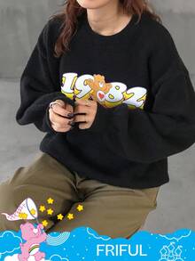 FRIFUL SHEIN X Care Bears Women's Loose Fit Crew Neck Cartoon Pattern Thermal Lined Thick Sweater - Black - View 6