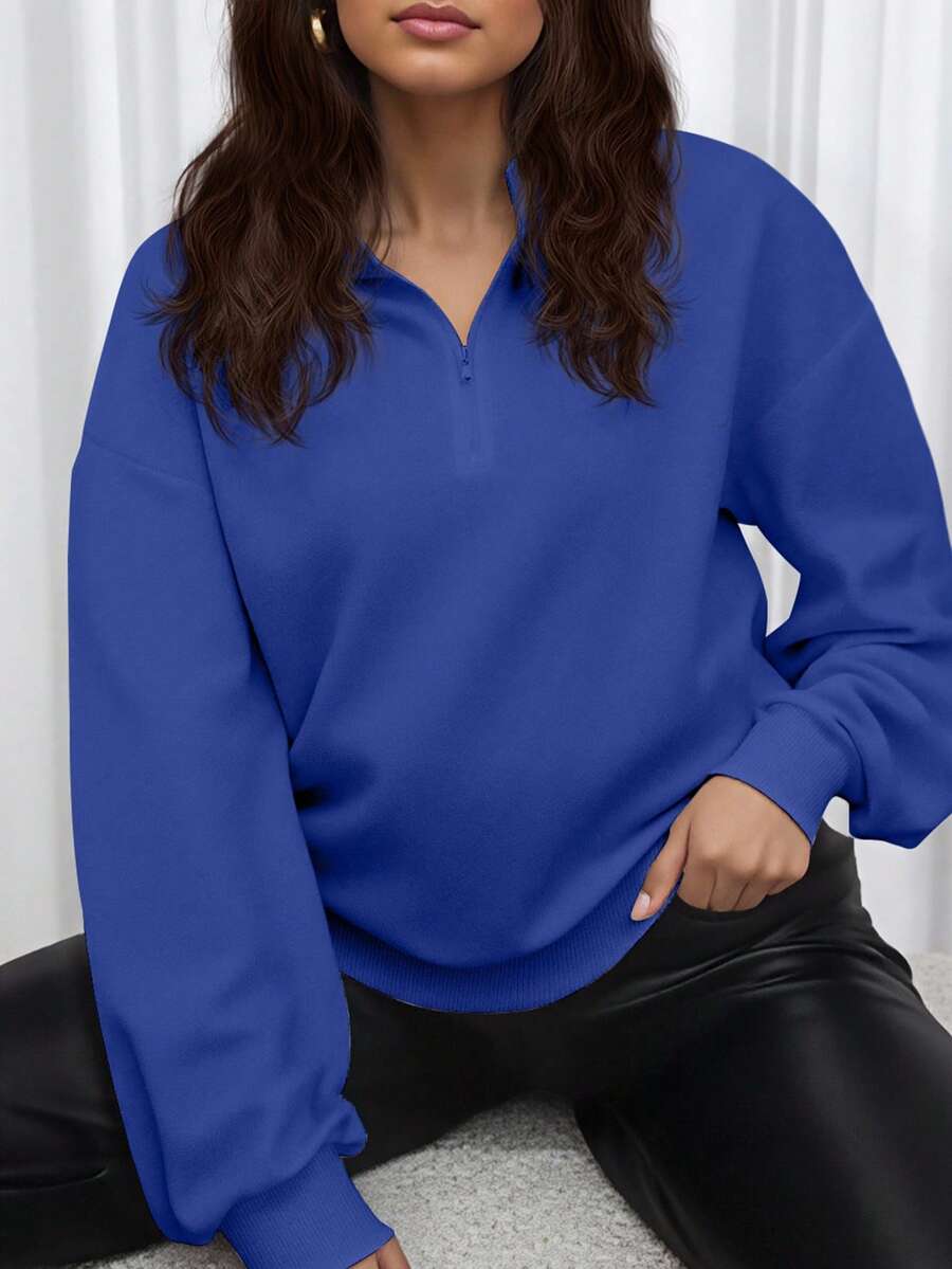 INAWLY Moletom casual plus size com zíper frontal, manga longa e estampa lisa, ideal para formaturas, professoras e para a volta às aulas no outono. - Azul Real - Ver 1