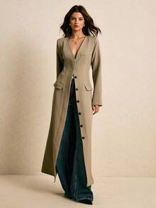 Poéselle Áo khoác nữ dáng dài đơn hàng ngày cổ chữ V màu trơn, cài khuy đơn, mùa thu - Màu Xám nhạt - Xem 3