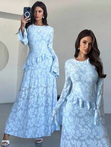 Firerie Rochie midi elegantă pentru femei, decupată, cu volane, în linie A, cu mâneci evazate, albastră, potrivită pentru vacanță, întâlniri, întoarcerea la școală, absolvire, purtare zilnică