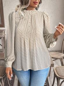 EMERY ROSE Plus Size Women Elegant Floral Print Frill Trim Blouse - Brown - View 4