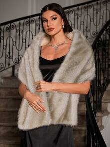 SHEIN Unity 女士时尚优雅仿毛领披肩 - 米色 - 查看 5