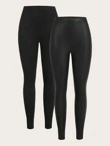 Slaydiva 2 sztuki obcisłych legginsów damskich, materiał PU, swobodny - Czarne - Zobacz 2
