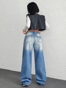 Coolane WOMEN LOW WAIST DENIM WIDE LEG JEANS - Medium Wash - View 2