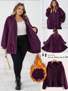 SHEIN CURVE+ Women's Plus Size Thermal Lined Hooded Zip-Up Jacket, Autumn/Winter Fall/Autumn /Winter - Purple - View 1