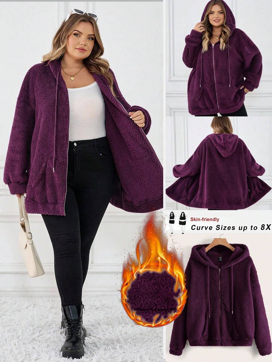 SHEIN CURVE+ Women's Plus Size Thermal Lined Hooded Zip-Up Jacket, Autumn/Winter Fall/Autumn /Winter - Purple - View 1