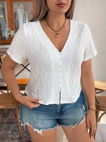 Calvaya Áo sơ mi ngắn tay cổ chữ V màu trơn mùa hè Plus Size có viền xẻ - trắng - Xem 4