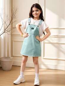 女大童字母補丁細節荷葉邊背帶洋裝不帶T恤 - 藍色 - 查看 6