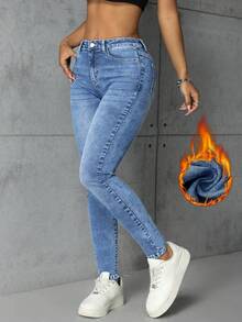 SHEIN ICON Women's Slim Fit Casual Thermal Lined Blue Denim Jeans - Light Wash - View 1