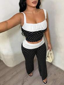 SHEIN SXY 复古黑白波尔卡圆点 Y2K 2000 年代街头潮流两件套，波尔卡圆点两件套，女式两件套裤子，女式夏季两件套，女式两件套服装，裤子两件套，外出，波尔卡圆点，女士早午餐服装，可爱 - 黑與白 - 查看 1