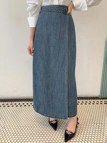 DAZY 女士裹身式侧系带开衩长款休闲牛仔裙 - 中等水洗藍 - 查看 1