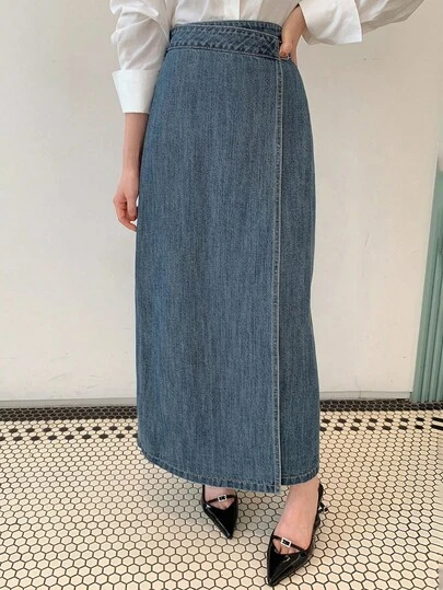 DAZY 女士裹身式侧系带开衩长款休闲牛仔裙