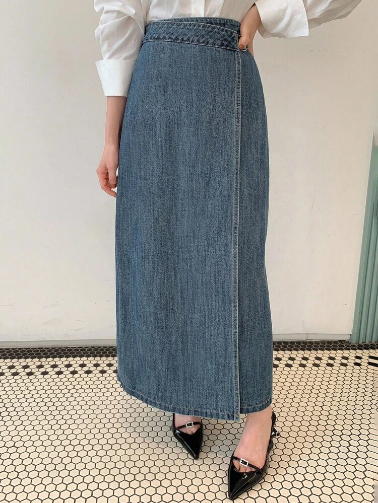 Women's Wrap-Style Side Tie Split Hem Long Casual Denim Skirt