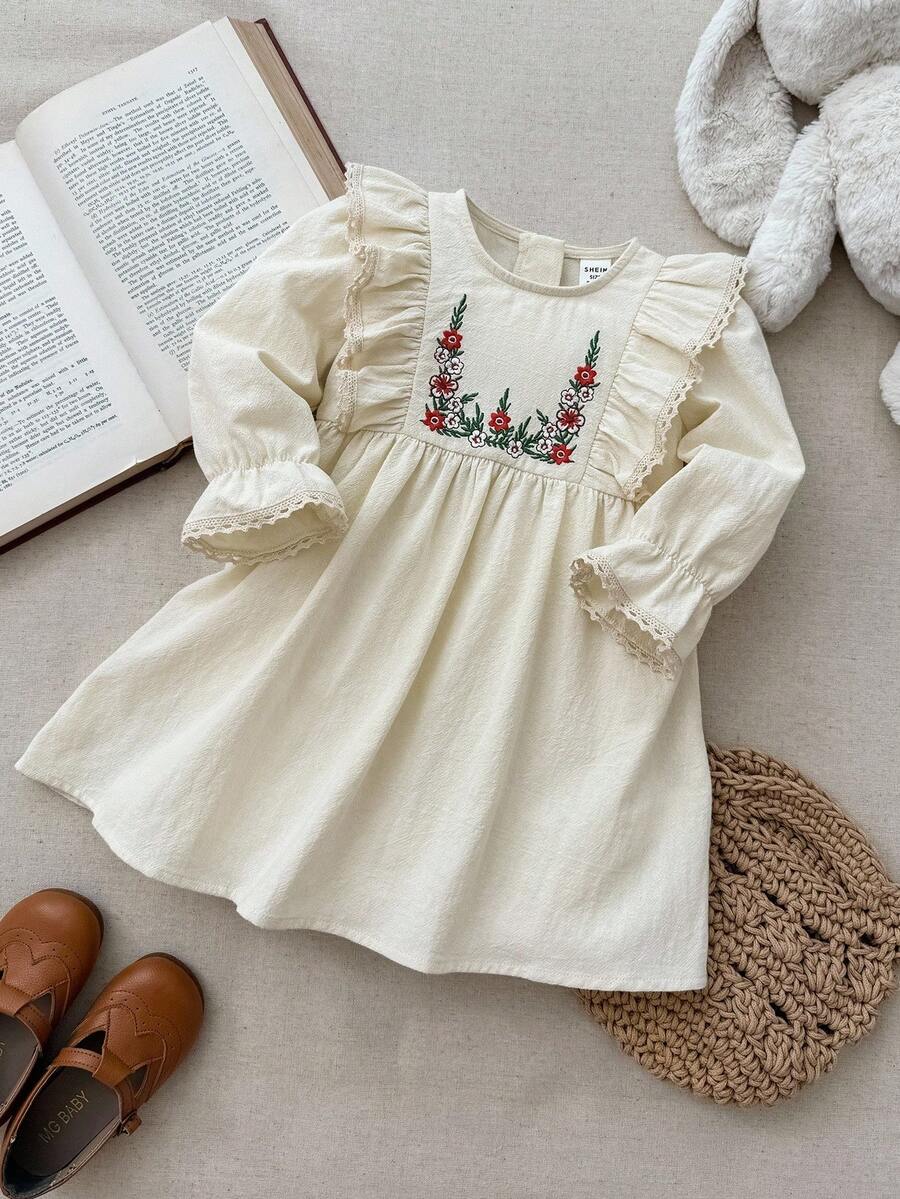 Blossori Baby Girls' French Elegant Ruffle Trim Embroidered Round Neck Long Sleeve Dress - Apricot - View 1