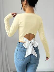 EMERY ROSE Camiseta feminina cropped com amarração nas costas, manga comprida, gola redonda - Luz amarela - Ver 3