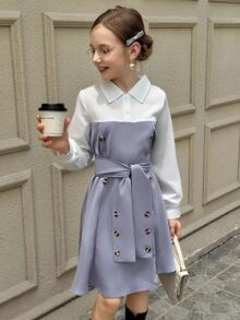 Tween Girl White Collared Button-Down Belted Dress Fall Winter - White - View 3