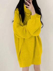 Almamuse 女式时尚休闲高领短款毛衣裙 - 黃色 - 查看 6