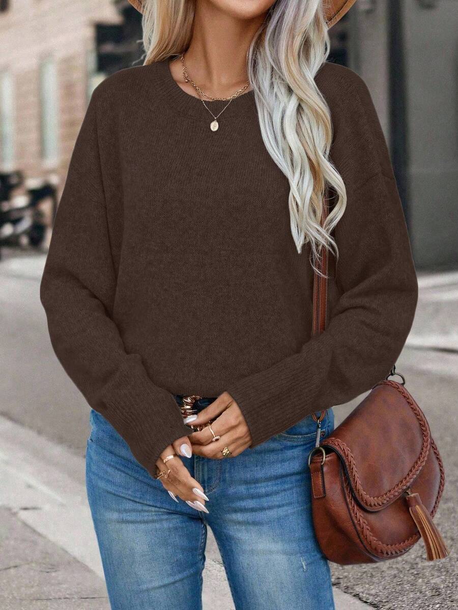 EMERY ROSE Suéter holgado de manga larga y unicolor casual para mujer - Marrón Mocha - Ver 1