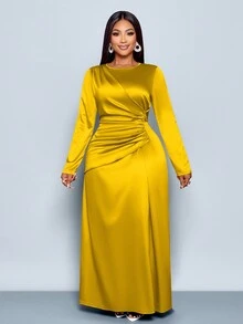 SOLERSUN 女士优雅纯色褶边缎面紧身连衣裙，适合约会派对长款女装 - 芥末黃 - 查看 6