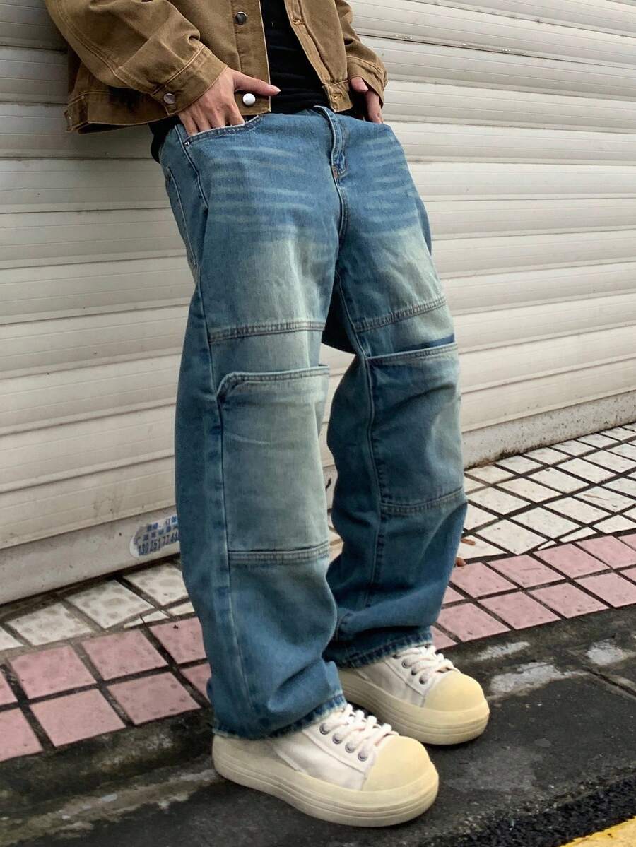 Manfinity EMRG Men's Casual Washed Patchwork Denim Jeans Y2K Vintage Washed Blue OVERSIZE Party College For Double Knee Jeans - Light Wash - View 1
