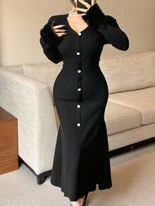 DAZY Váy len đuôi cá cổ chữ V chắp vá tua rua dành cho nữ, mùa thu - màu đen - Xem 9