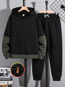 SHEIN 青少年男孩连帽运动衫和运动裤套装，黑色修身款，休闲学院风，舒适时尚，百搭，面料柔软，适合日常穿着、上学、郊游、户外活动、秋冬、返校 - 彩色 - 查看 7