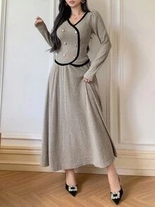 DAZY 女士休闲撞色拼布 V 领上衣和 A 字裙两件套，秋季 - 杏色 - 查看 6