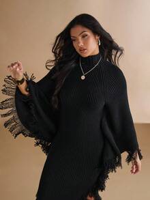 Silquee 女式纯色高领流苏袖口修身优雅针织连衣裙，秋季 - 黑色 - 查看 7