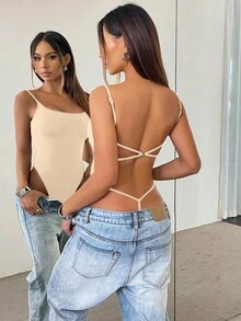 INAWLY 女士露背紧身吊带连身衣，性感休闲舒适 - 杏色 - 查看 2