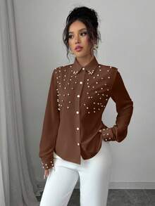 Elenzga Áo dài tay đính ngọc trai màu mơ cho nữ - Cà phê nâu - Xem 5