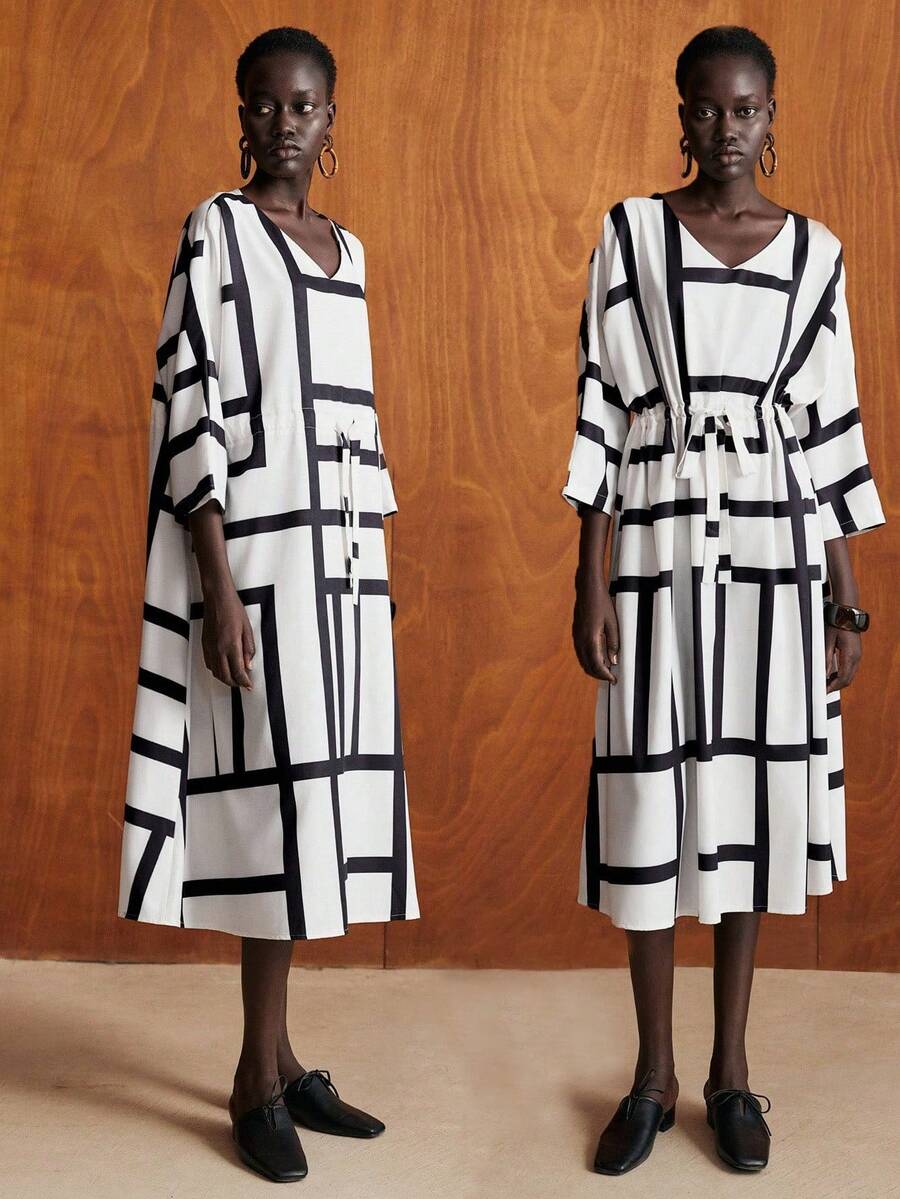 Lumivelle Green Women's Elegant Minimalist Geometric Pattern Waist Cinched Loose Flared Dress - Multicolor - View 1