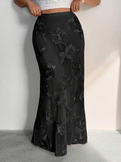 Firerie 大码女式花卉提花松紧腰鱼尾下摆优雅半身裙