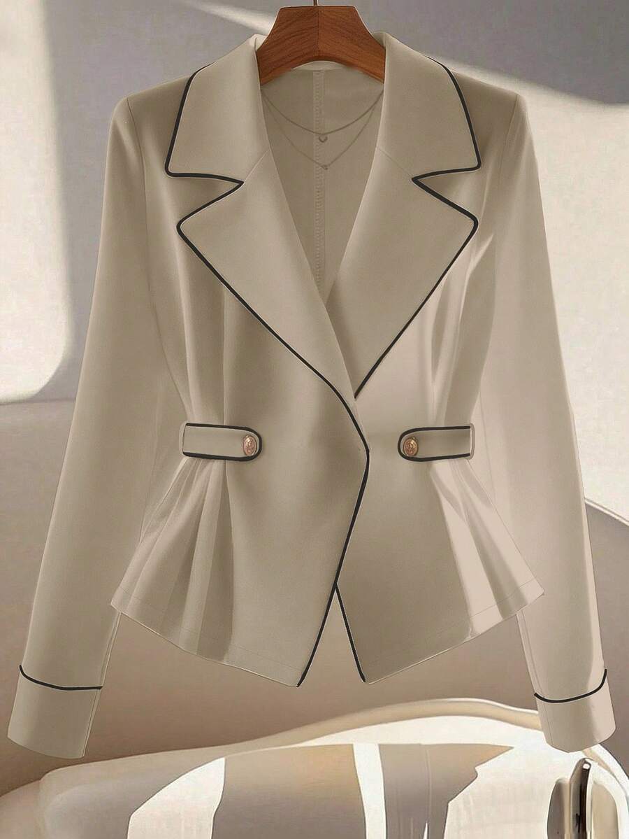 GlowEve Áo khoác blazer thắt lưng viền tương phản thanh lịch dành cho nữ, màu mơ đơn giản, phong cách đi làm chất lượng cao, áo khoác dài tay đa năng màu trơn - Màu Khaki - Xem 1