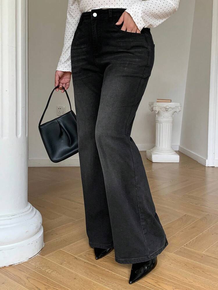 Dazy Plus Plus Size Women Black Washed Flared Jeans