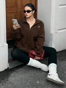 Dazy Plus Plus Size Zip-Up Letter Embroidered Loose Fit Fleece Hoodie, Streetwear Style, Autumn/Winter, Plus Size