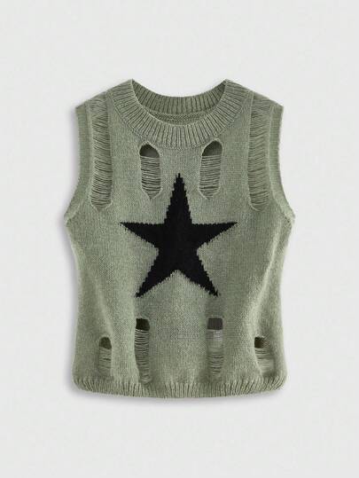 Grunge Punk Round Neck Knitted Vest With Star Pattern And Distressed Detail