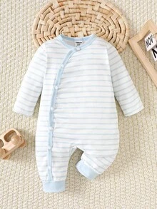 SHEIN 新生男宝宝蓝色条纹连体衣，秋冬款 - 藍色 - 查看 6